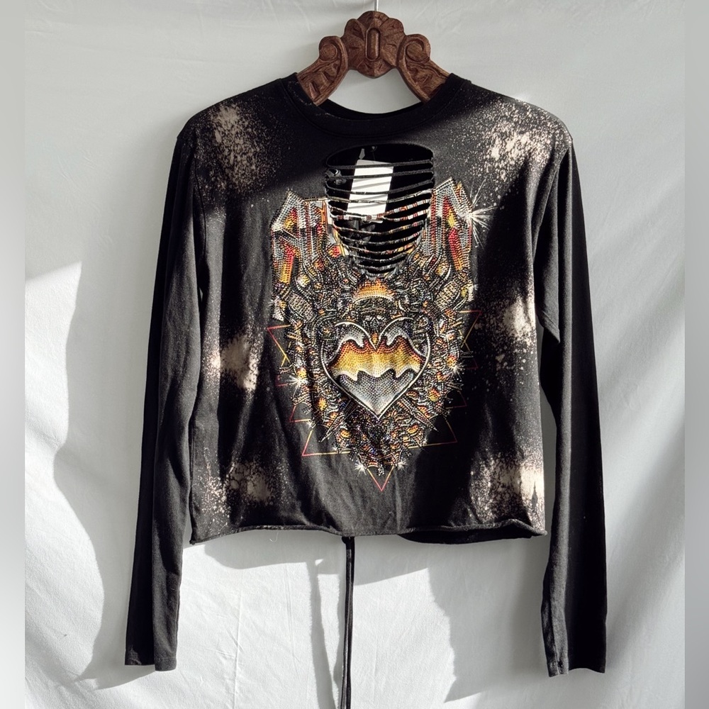 Black Distressed Graphic Long Sleeve Top